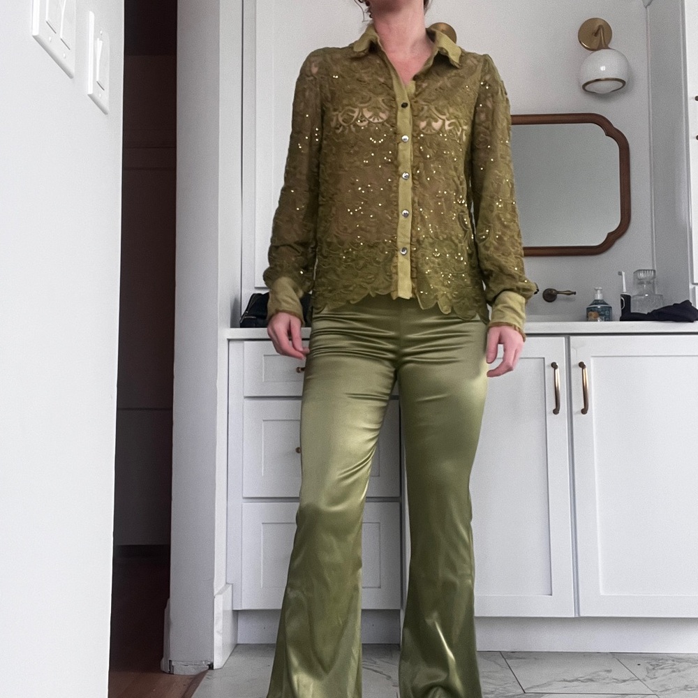 Green Silky Flare Pants and button up top lace sheer top set